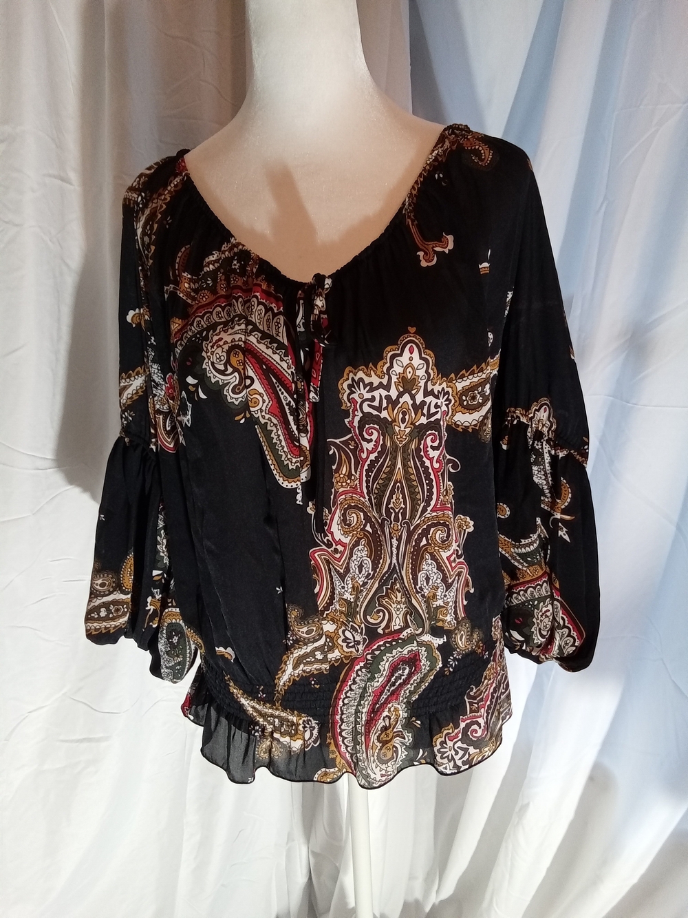 Violet & Claire Black Paisley Peasant Blouse with Red and Gold Accents S